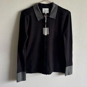 LIV Women Crystal Cuffs Long Sleeve With Beaded Collar Button Down Blouse Black